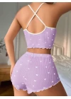 Lila Üstüne Beyaz Kalp Desenli Askılı Şortlu Pijama Takımı