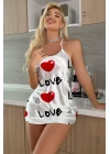 Love Desenli Beyaz Saten Gecelik