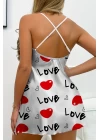 Love Desenli Beyaz Saten Gecelik
