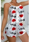 Love Desenli Beyaz Saten Şortlu Gecelik Takım