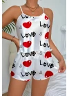 Love Desenli Beyaz Saten Şortlu Gecelik Takım