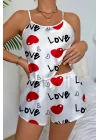 Love Desenli Beyaz Saten Şortlu Gecelik Takım