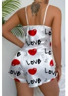 Love Desenli Beyaz Saten Şortlu Gecelik Takım