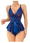 Mavi Dantel İşlemeli Kurdelalı Fantezi Tül Babydoll