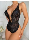 Metal Kalp Aksesuarlı Fantezi Dantelli Siyah Body