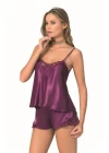 Mor Saten Babydoll Şort Takımı