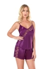 Mor Saten Babydoll Şort Takımı