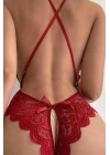 Özel Bölgesi Açık Dantelli Kırmızı Fantazi Babydoll Brf1278