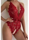 Özel Bölgesi Açık Dantelli Kırmızı Fantazi Babydoll Brf1278
