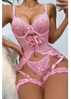 Özel Tasarım Dantelli Fantezi Pembe Jartiyer Takımı