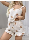 Pamuklu Ayıcık Desen Fırfırlı Askılı Şortlu Pijama Takımı