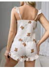 Pamuklu Ayıcık Desen Fırfırlı Askılı Şortlu Pijama Takımı