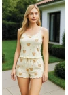 Pamuklu Ayıcık Desenli Yıldızlı Krem İnce Askılı Şortlu Pijama Takımı