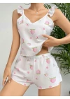 Pamuklu Beyaz Üstüne Çiçek Desen Fırfır Askılı Şortlu Pijama Takımı