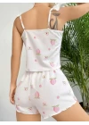 Pamuklu Beyaz Üstüne Çiçek Desen Fırfır Askılı Şortlu Pijama Takımı