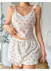 Pamuklu Beyaz Üstüne Kiraz Desen Fırfır Askılı Şortlu Pijama Takımı