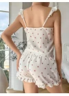 Pamuklu Beyaz Üstüne Kiraz Desen Fırfır Askılı Şortlu Pijama Takımı