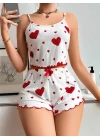 Pamuklu Beyaz Üstüne Kırmızı Kalp Desenli Askılı Şortlu Pijama Takımı