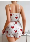Pamuklu Beyaz Üstüne Kırmızı Kalp Desenli Askılı Şortlu Pijama Takımı