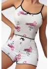 Pamuklu Beyaz Üstüne Pelikan Desen Fitilli Askılı Şortlu Pijama Takımı