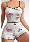 Pamuklu Beyaz Üstüne Pelikan Desen Fitilli Askılı Şortlu Pijama Takımı