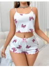 Pamuklu Beyaz Üstüne Pembe Kurdela Desenli Fitilli Askılı Şortlu Pijama Takımı