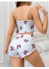 Pamuklu Beyaz Üstüne Pembe Kurdela Desenli Fitilli Askılı Şortlu Pijama Takımı