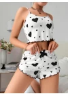 Pamuklu Beyaz Üstüne Siyah Kalp Desen Fitilli Askılı Şortlu Pijama Takımı