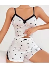 Pamuklu Beyaz Üstüne Siyah Kalp Desen Fitilli Askılı Şortlu Pijama Takımı