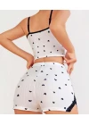 Pamuklu Beyaz Üstüne Siyah Kalp Desen Fitilli Askılı Şortlu Pijama Takımı