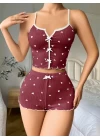 Pamuklu Kahverengi Üstüne Beyaz Kalp Desen Fitilli Askılı Şortlu Pijama Takımı