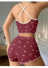 Pamuklu Kahverengi Üstüne Beyaz Kalp Desen Fitilli Askılı Şortlu Pijama Takımı