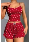 Pamuklu Kırmızı Üstüne Beyaz Kalp Desen Fitilli Askılı Şortlu Pijama Takımı