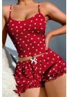 Pamuklu Kırmızı Üstüne Beyaz Kalp Desen Fitilli Askılı Şortlu Pijama Takımı