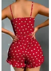 Pamuklu Kırmızı Üstüne Beyaz Kalp Desen Fitilli Askılı Şortlu Pijama Takımı