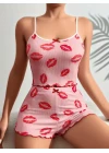 Pamuklu Kiss Öpücük Desen Pembe Şortlu Pijama Takımı