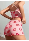 Pamuklu Kiss Öpücük Desen Pembe Şortlu Pijama Takımı
