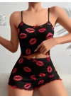 Pamuklu Kiss Öpücük Desen Siyah Fitilli Şortlu Pijama Takımı