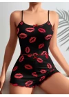 Pamuklu Kiss Öpücük Desen Siyah Fitilli Şortlu Pijama Takımı