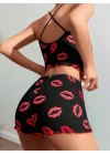 Pamuklu Kiss Öpücük Desen Siyah Fitilli Şortlu Pijama Takımı
