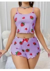 Pamuklu Lila Üstüne Çilek Desen Fitilli Askılı Şortlu Pijama Takımı