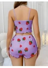 Pamuklu Lila Üstüne Çilek Desen Fitilli Askılı Şortlu Pijama Takımı
