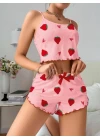 Pamuklu Pembe Üstüne Çilek Desen Fitilli Askılı Şortlu Pijama Takımı
