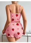 Pamuklu Pembe Üstüne Çilek Desen Fitilli Askılı Şortlu Pijama Takımı
