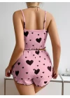 Pamuklu Pembe Üstüne Siyah Kalp Desenli Askılı Fitilli Şortlu Pijama Takımı