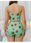 Pamuklu Yeşil Üstüne Çilek Desen Fitilli Askılı Şortlu Pijama Takımı
