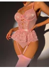 Pembe Dantel İşlemeli Kalp Desenli Fantezi Jartiyer Takımı