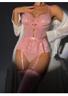 Pembe Dantel İşlemeli Kalp Desenli Fantezi Jartiyer Takımı