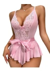 Pembe Dantel İşlemeli Kurdelalı Fantezi Tül Babydoll