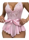 Pembe Dantel İşlemeli Kurdelalı Fantezi Tül Babydoll